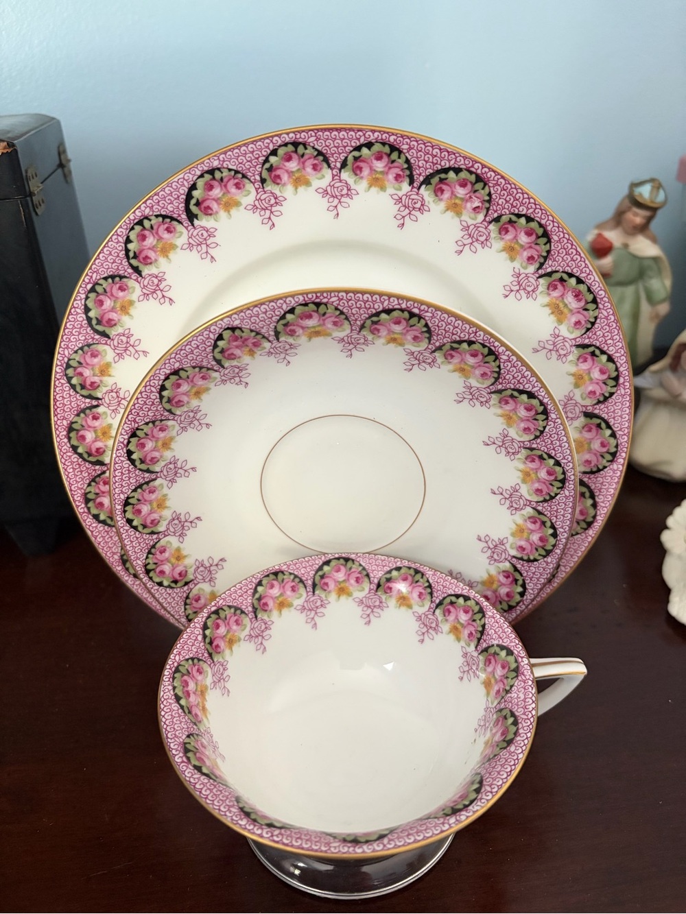 Rosenthal Pink Floral Tea Cup, Saucer & Plate with Gold Trim Accents